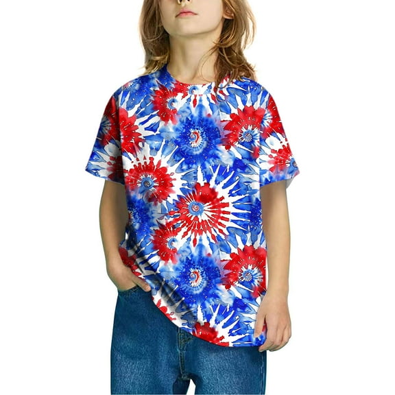 Favoffer Summer Unisex Kids Multicolor Firework Graphic Tee Round Neck Short Sleeve Festive Regular Fit Top Casual Travel Party Photoshoot 3-10Y