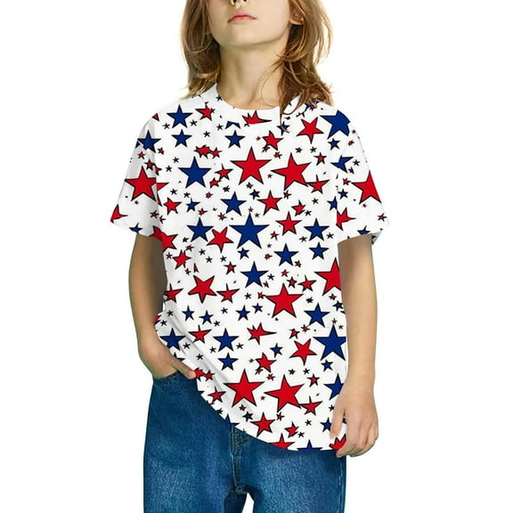 Favoffer Summer Unisex Kids Multicolor Firework Graphic Tee Round Neck Short Sleeve Festive Regular Fit Top Casual Travel Party Photoshoot 3-10Y
