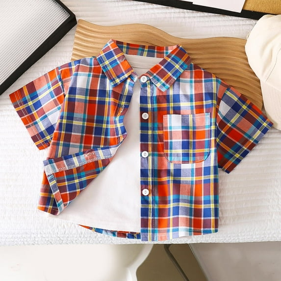 Favoffer Summer Unisex Kids Multicolor Plaid Button-Up Pocketed Shirt Spread Collar Short Sleeve Regular Fit Stylish Top Home Casual Travel Camping 1-11Y