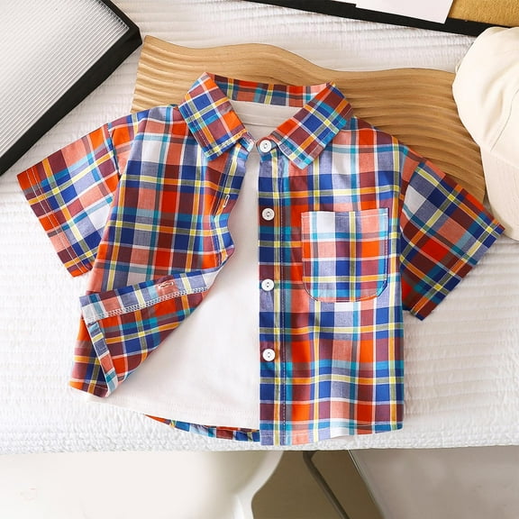 Favoffer Summer Unisex Kids Multicolor Plaid Button-Up Pocketed Shirt Spread Collar Short Sleeve Regular Fit Stylish Top Home Casual Travel Camping 1-11Y