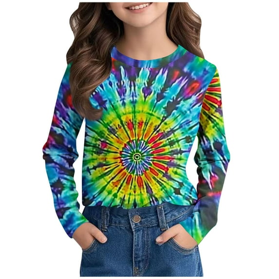 Favoffer Summer Unisex Kids Multicolor Tie-Dye Graphic Tee Round Neck Long Sleeve Stretchy Trendy Top Casual Travel Home Party 3-14Y