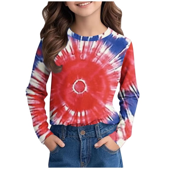Favoffer Summer Unisex Kids Multicolor Tie-Dye Graphic Tee Round Neck Long Sleeve Stretchy Trendy Top Casual Travel Home Party 3-14Y