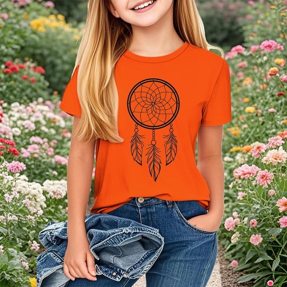 Favoffer Summer Unisex Kids Orange Dreamcatcher Graphic Top Round Neck Short Sleeve Loose Casual Tee Travel Camping Home Party 2-13Y
