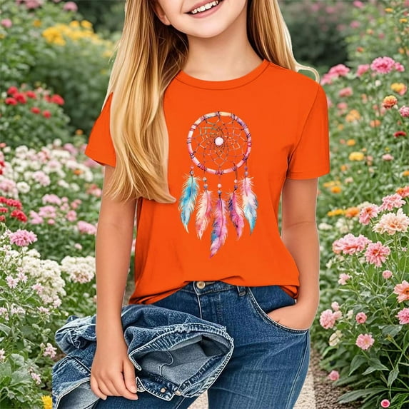Favoffer Summer Unisex Kids Orange Dreamcatcher Graphic Top Round Neck Short Sleeve Loose Casual Tee Travel Camping Home Party 2-13Y