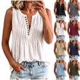 thumbnail image 1 of Favoffer Tank Tops Women's Sleeveless V Neck Linen Pleated Button Detail Blouses Regular Fit Casual Tops Summer Vacation Wear, 1 of 7