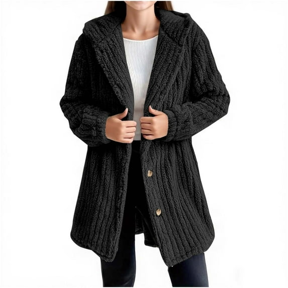 Favoffer Teen Girls Winter Clothes Plush Long-Sleeve Hooded Cardigan Fall Warm Fleece Solid Color Button-Down Casual Jacket for 9-15Y