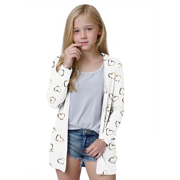 Favoffer Teen Girls' Winter Printed Open-Front Cardigan Long-Sleeve Pocket Casual Top Kids Sweaters Coat for Daily Gatherings Photo Shoots Toddler 5-14Y