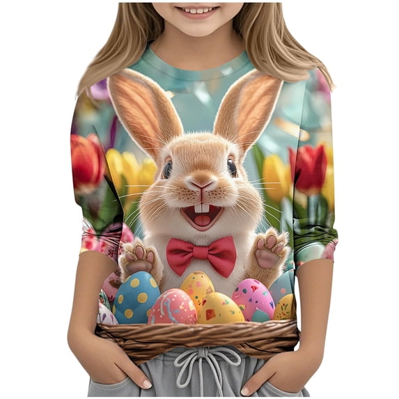 Favoffer Toddler Big Kid Boys Girls 3/4 Sleeve Tee Spring Easter Print Casual Pattern Crew Neck Basic Top for Daily School Party Holiday Sizes 3-13Y