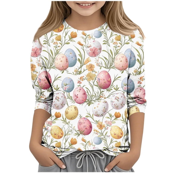 Favoffer Toddler Big Kid Boys Girls 3/4 Sleeve Tee Spring Easter Print Casual Pattern Crew Neck Basic Top for Daily School Party Holiday Sizes 3-13Y