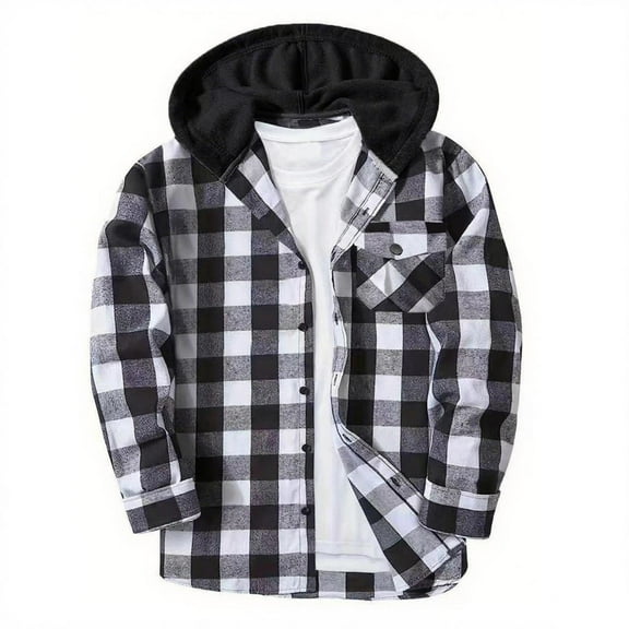 Favoffer Toddler Boys Girls Plaid Shirt Button Down Flannel Hooded Jacket Sherpa Lined Shacket with Pockets Homer Trip Play Casual 5-16Y