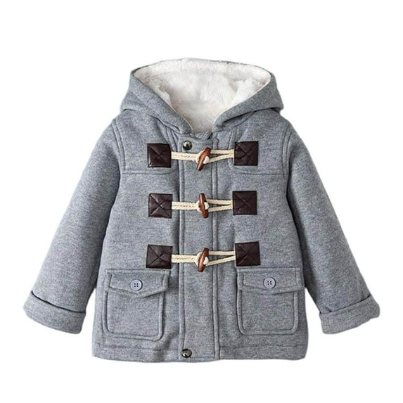Favoffer Toddler Dress Peacoat Boys Girls Hooded Cotton Jacket Children's Winter Warm Horn Button Fleece-Lined Solid Color Windproof Overcoats for Baby 9M-10Y