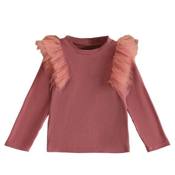 Favoffer Toddler Girl Shirts Ruffle Long Sleeve Baby Girl Cotton T-Shirts Kids High-Neck Base Layer Blouse, Ribbed Toddler Girl Tee Tops 2-Pack 2-8Y