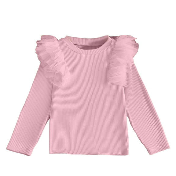 Favoffer Toddler Girl Shirts Ruffle Long Sleeve Baby Girl Cotton T-Shirts Kids High-Neck Base Layer Blouse, Ribbed Toddler Girl Tee Tops 2-Pack 2-8Y