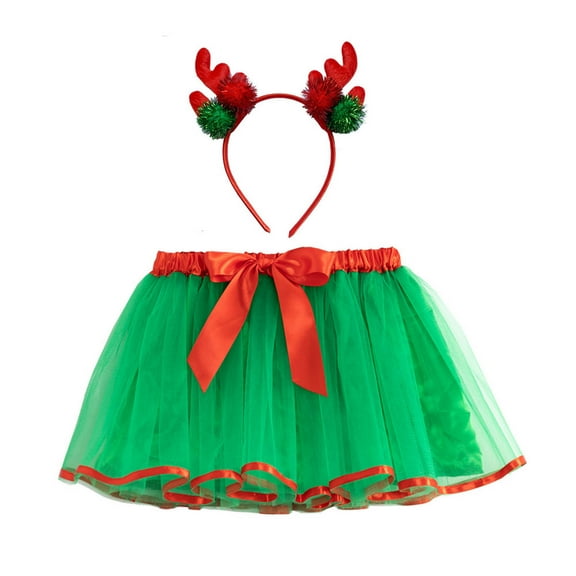 Favoffer Toddler Girls' Christmas Mesh Tulle Princess Skirt Set with Matching Headband for Festive Daily Party Tutu Skirt Cute Outfit 2-8Y