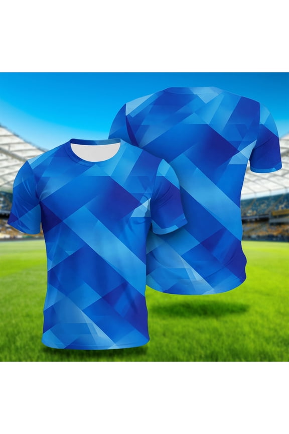 Unisex Gradient Checkered Top Quick Dry Short Sleeve Team Uniform Mesh Knit Crew Neck Pullover Breathable for Football Training