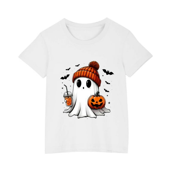 Favoffer Unisex Kids' Halloween Ghost Graphic Tee - Fashion Round Neck Short Sleeve Soft Cotton Top, Casual Party Photoshoot Home, Toddler (3-6Y) & Kid (7-10Y)