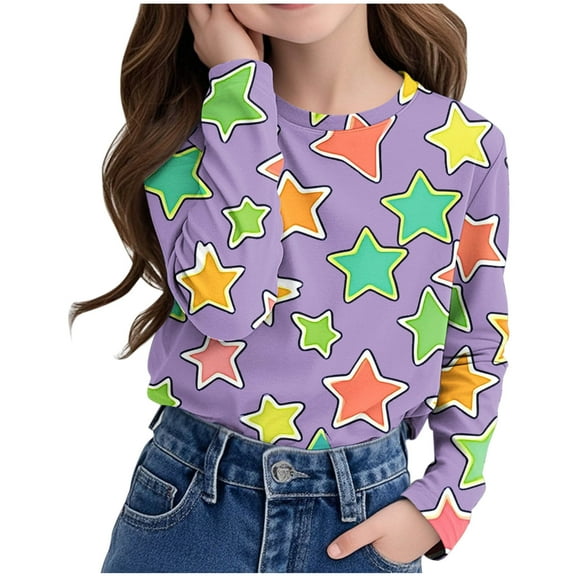 Favoffer Unisex Kids' Multicolor Gradient Star-Print Long-Sleeve Top & Toddler Crew-Neck Tee - Casual, Play, Photoshoot, Gifting 3-14Y