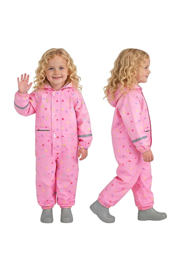 Unisex Kids One Piece Raincoat Hooded Waterproof Rain Suit Printed Reflective Strip Full Length Outdoor Play Travel Hike Sizes 1-8Y