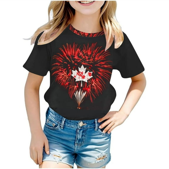Favoffer Unisex Kids' Summer Multicolo Fashion Canada Graphic Tee Round Neck Short-Sleeve Relaxed Top Stretchy, for Casual, Travel, Celebration, Photoshoot 3-12Y