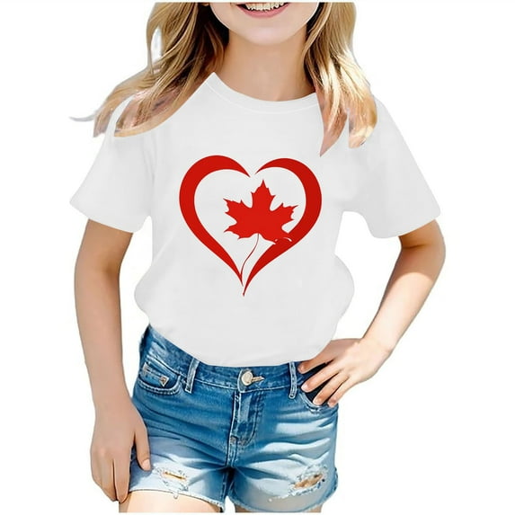 Favoffer Unisex Kids' Summer Multicolo Fashion Canada Graphic Tee Round Neck Short-Sleeve Relaxed Top Stretchy, for Casual, Travel, Celebration, Photoshoot 3-12Y