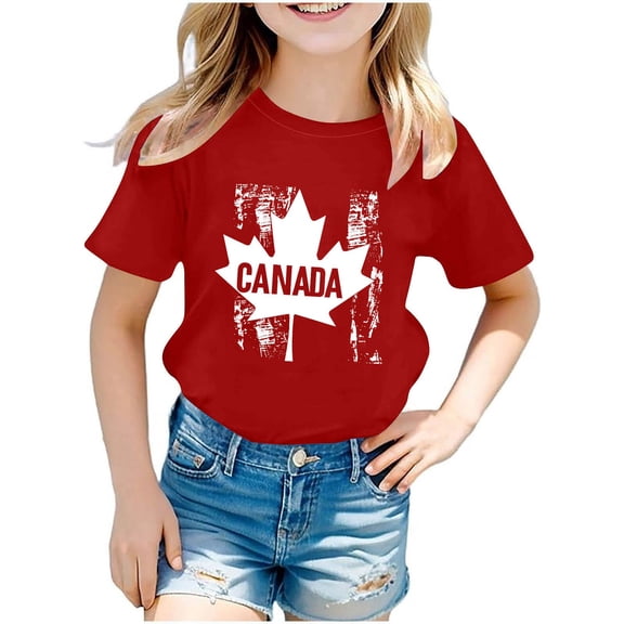 Favoffer Unisex Kids' Summer Multicolo Fashion Canada Graphic Tee Round Neck Short-Sleeve Relaxed Top Stretchy, for Casual, Travel, Celebration, Photoshoot 3-12Y