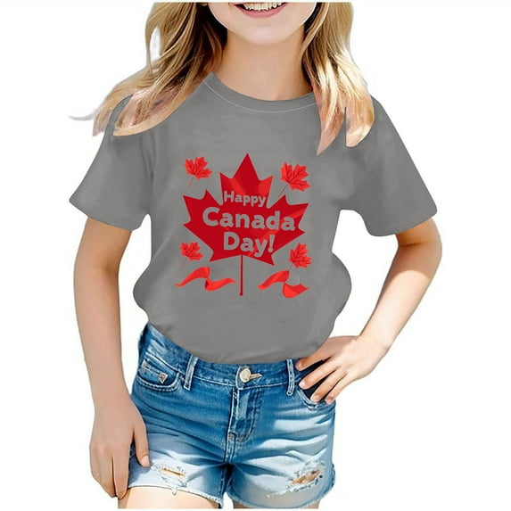 Favoffer Unisex Kids' Summer Multicolo Fashion Canada Graphic Tee Round Neck Short-Sleeve Relaxed Top Stretchy, for Casual, Travel, Celebration, Photoshoot 3-12Y