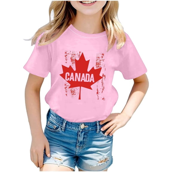 Favoffer Unisex Kids' Summer Multicolo Fashion Canada Graphic Tee Round Neck Short-Sleeve Relaxed Top Stretchy, for Casual, Travel, Celebration, Photoshoot 3-12Y