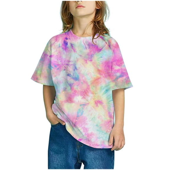 Favoffer Unisex Kids' Summer Multicolor Cool Tie-Dye Graphic Tee Relaxed Round Neck Trendy Short-Sleeve Breathable Top, for Casual, Travel, Play, Gifting 4-13Y