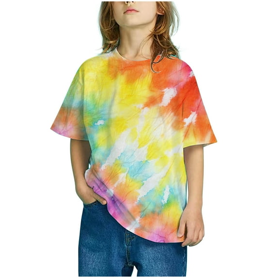 Favoffer Unisex Kids' Summer Multicolor Cool Tie-Dye Graphic Tee Relaxed Round Neck Trendy Short-Sleeve Breathable Top, for Casual, Travel, Play, Gifting 4-13Y