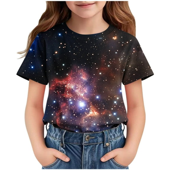 Favoffer Unisex Kids' Summer Multicolor Galaxy-Graphic Cool Tee Relaxed Round Neck Short-Sleeve Stretchy Top, for Casual, Travel, Play, Sport 3-14Y
