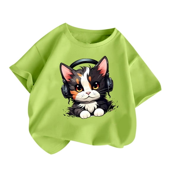 Favoffer Unisex Kids' Summer Multicolor Playful Cat-Graphic T-Shirt & Breathable Round-Neck Short-Sleeve Top for Casual, Picnic, Play, Photoshoot 2-14Y