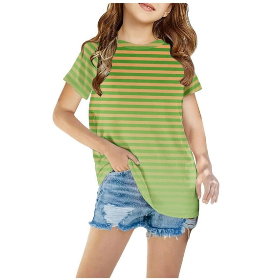 Favoffer Unisex Kids' Summer Stretchy Multicolor Striped Casual Tee & Round-Neck Short-Sleeve Relaxed Top, for Casual, Travel, Play, Photoshoot 3-14Y