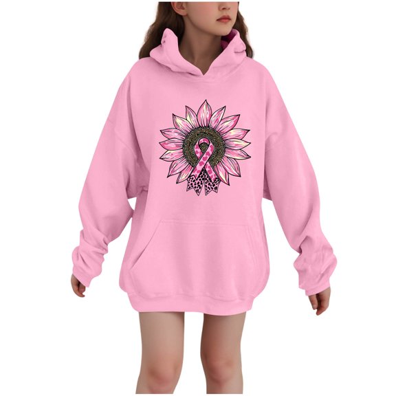 Favoffer Winter Girls Pink Breast-Cancer-Awareness Graphic Hooded Sweatshirt - Play,Lounge,Travel,Advocacy 3-14Y