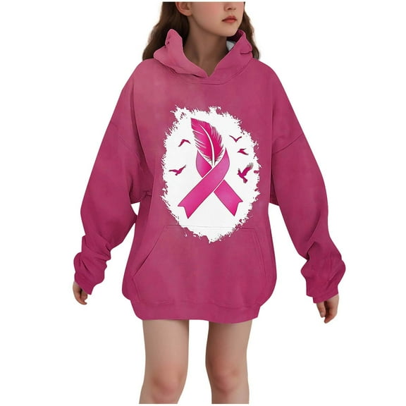 Favoffer Winter Girls Pink Breast-Cancer-Awareness Graphic Hooded Sweatshirt - Play,Lounge,Travel,Advocacy 3-14Y