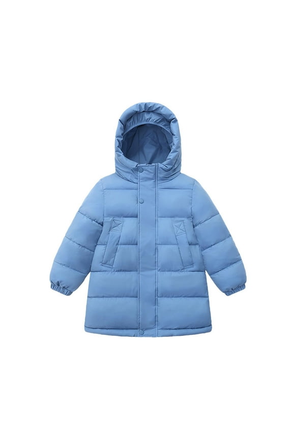 Winter Girls Solid Color Hooded Fleece-Lined Mid-Length Padded Jacket, Stand-Up Collar Coat - Skiing,Camping,Outdoor,Party 3-12Y