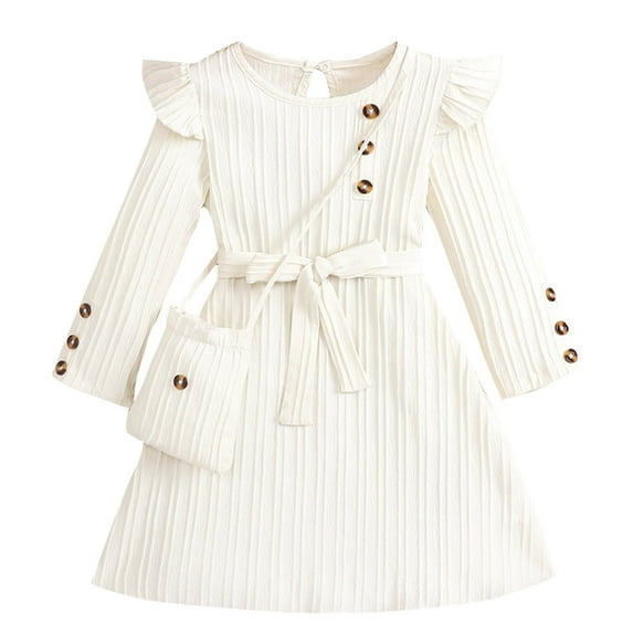 Favoffer Winter Girls Solid Square-Collar Long-Sleeve Ruffled Princess Dress - Party,Casual,Play,Outdoor 3-10Y