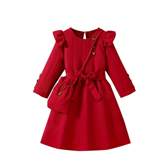 Favoffer Winter Girls Solid Square-Collar Long-Sleeve Ruffled Princess Dress - Party,Casual,Play,Outdoor 3-10Y