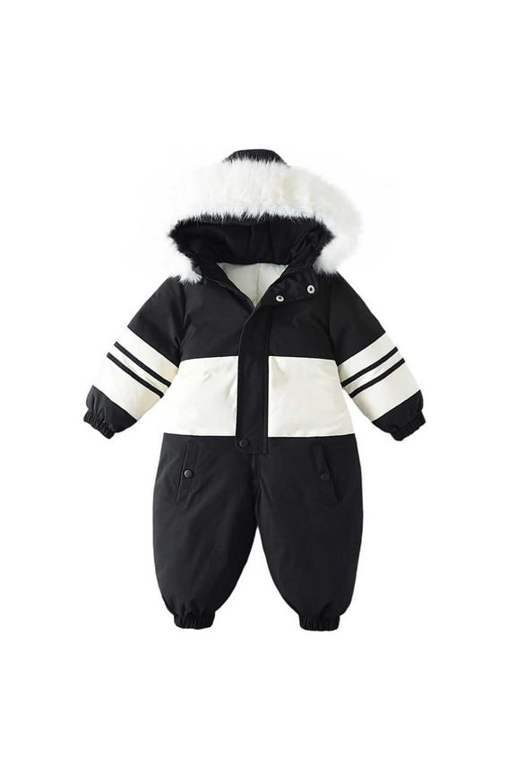 Winter Toddler Boys & Girls Hooded Fleece Ski Jumpsuit with Faux Fur Collar, Snowboard Newborn Warm Water-Repellent Velvet Thick Warm Ski Suit 12-48M
