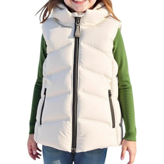 Favoffer Winter Unisex Kids' Hooded Puffer Vest Zip-Up Sleeveless Coat Solid Color Cotton-Filled Warm Jacket for Cold Days Outdoor Play Kid 5-10Y