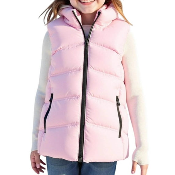 Favoffer Winter Unisex Kids' Hooded Puffer Vest Zip-Up Sleeveless Coat Solid Color Cotton-Filled Warm Jacket for Cold Days Outdoor Play Kid 5-10Y