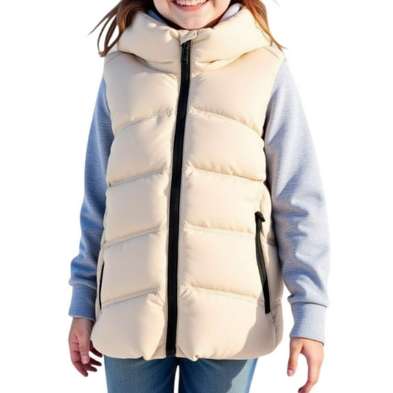 Favoffer Winter Unisex Kids' Hooded Puffer Vest Zip-Up Sleeveless Coat Solid Color Cotton-Filled Warm Jacket for Cold Days Outdoor Play Kid 5-10Y