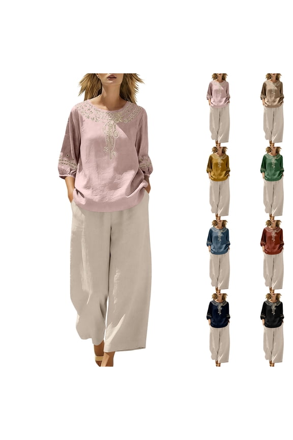 Women Boho Embroidered Sets 3/4 Sleeve Linen Blend Tops Wide Leg Loose Pants Bohemian Two Piece Outfits for Festival Vacation