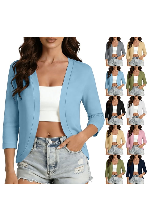 Women Cardigan Jackets 3/4 Sleeve Solid Color Lightweight Loose Fit Casual Spring Summer Outerwear for Office Commute Street Beach