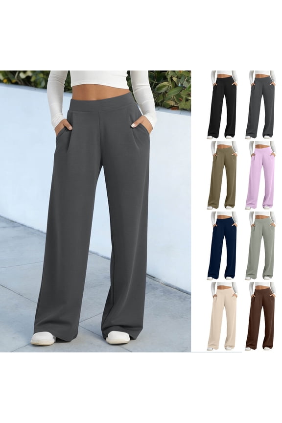 Women Casual Yoga Jogger Pants Elastic Waist Stretchy Solid Color Slacks Relaxed Straight Leg Pants with Functional Pockets for Outdoor Daily