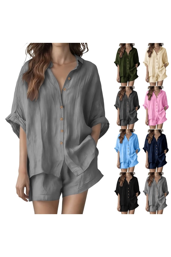 Women Cotton Linen Short Set Outfit Collared Short Sleeve Shirt Lightweight Cotton Linen Relaxed Casual Short Bottoms Two Piece with Side Pockets for Daily