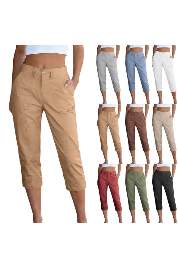 Women High Waist Cargo Capris Stretch Comfort Cropped Pants Utility Casual Bottoms Multi Pocket Pants for Beach Work