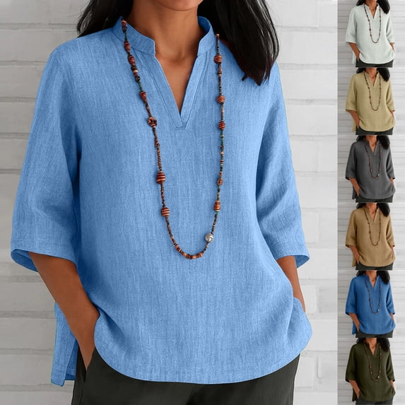 Favoffer Women Linen Blouses 3/4 Sleeve V Neck Pullover Solid Color Loose Fit Casual Spring Summer Tops for Outdoor Street Vacation Dating