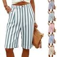 thumbnail image 1 of Favoffer Women Linen Knee Length Shorts High Waist Stripe Pattern Wide Leg Loose Side Pockets Breathable Casual Bottoms for Summer Shopping Outdoor Trips, 1 of 9