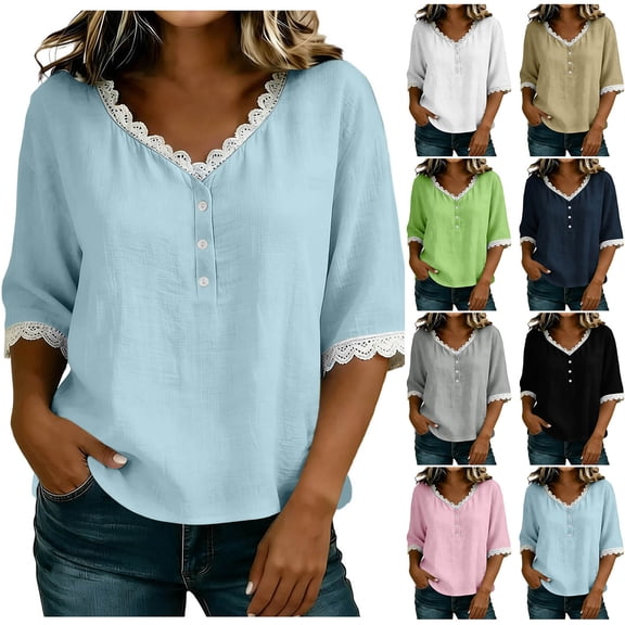 Favoffer Women Linen Tops Short Sleeve V Neck Button Lace Solid Color Loose Fit Casual Spring Summer Tops for Outdoor Street Beach