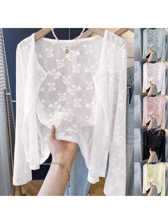 Women Long Sleeve Sheer Lace Open Front Cardigan Loose Fit See Through Sheer Mesh See-Through Casual Lightweight Layering Outerwear Solid Color Oversized Lace Duster